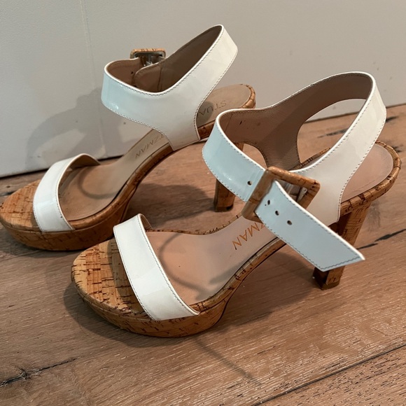 Stuart Weitzman Alesha Platform White Patent Leather/ Cork Sandal Size 7 - Picture 1 of 13